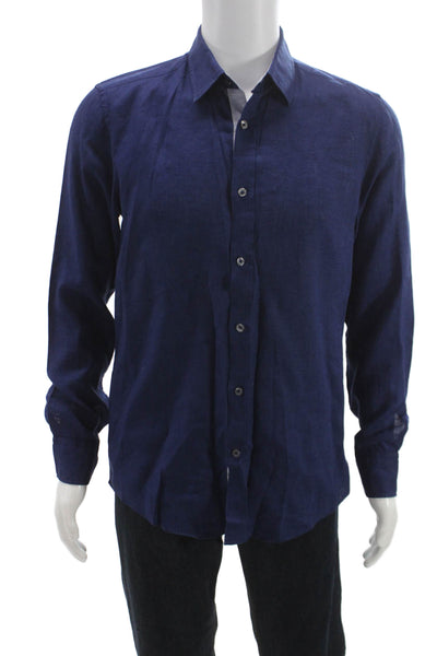 Boss Hugo Boss Mens Button Front Collared Linen Shirt Navy Size Medium