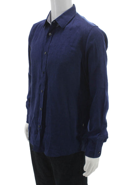 Boss Hugo Boss Mens Button Front Collared Linen Shirt Navy Size Medium