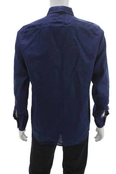 Boss Hugo Boss Mens Button Front Collared Linen Shirt Navy Size Medium