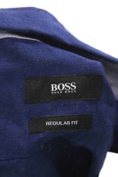 Boss Hugo Boss Mens Button Front Collared Linen Shirt Navy Size Medium