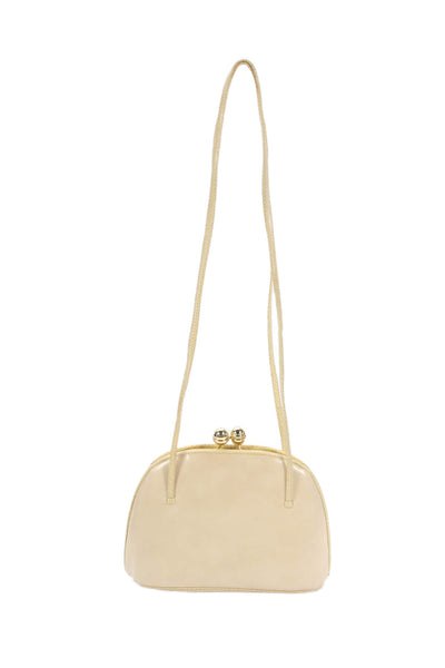 Judith Leiber Womens Leather Gold Tone Kiss Lock Closure Shoulder Handbag Beige