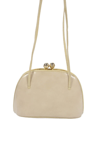Judith Leiber Womens Leather Gold Tone Kiss Lock Closure Shoulder Handbag Beige