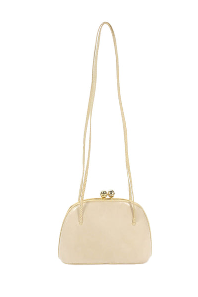 Judith Leiber Womens Leather Gold Tone Kiss Lock Closure Shoulder Handbag Beige