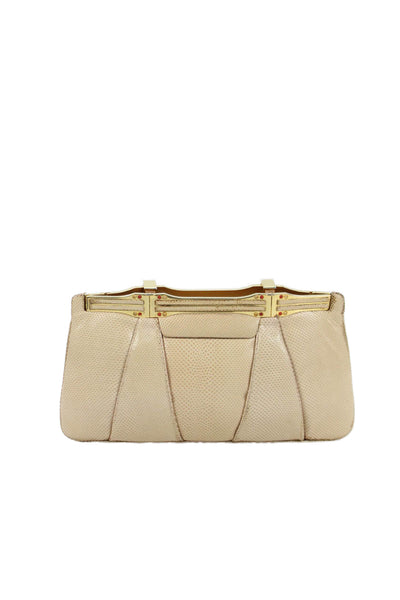 Judith Leiber Womens Lizard Skin Gold Tone Gem Closure Clutch Handbag Beige