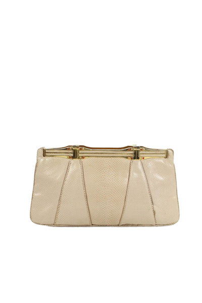 Judith Leiber Womens Lizard Skin Gold Tone Gem Closure Clutch Handbag Beige