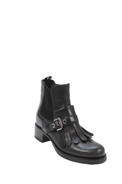 Prada Womens Leather Stretch Inset Fringe Ankle Boots Black Size 36 6