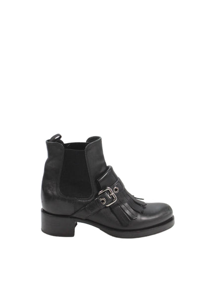 Prada Womens Leather Stretch Inset Fringe Ankle Boots Black Size 36 6