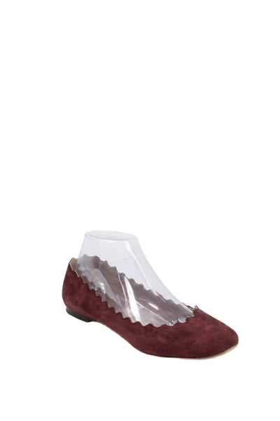 Chloe Womens Suede Scalloped Detail Ballet Flats Shoes Dark Red Size 8
