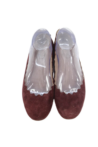 Chloe Womens Suede Scalloped Detail Ballet Flats Shoes Dark Red Size 8