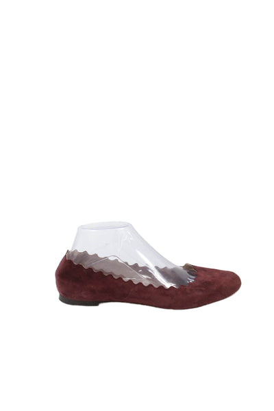 Chloe Womens Suede Scalloped Detail Ballet Flats Shoes Dark Red Size 8