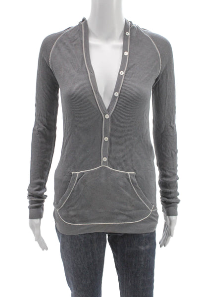 Splendid Women Basic V-Neck Button Long Sleeve Gray Pima Cotton Top Size S
