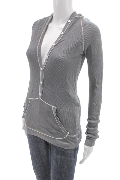 Splendid Women Basic V-Neck Button Long Sleeve Gray Pima Cotton Top Size S