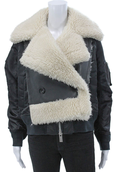 Sacai Women Black Synthetic Leather Bomber Jacket Long Sleeve Zip Size 1