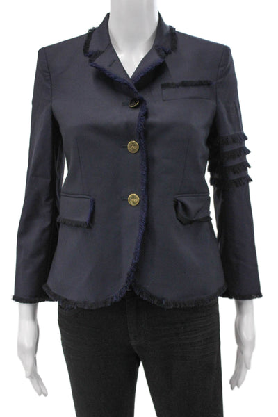 Thom Browne Women Blue Wool Mohair Blazer Button Long Sleeve Size 38
