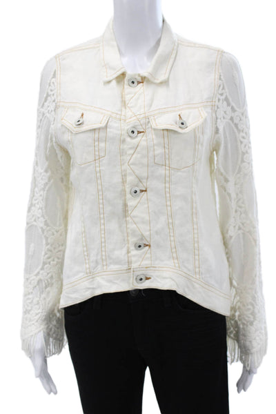 Sunday Tropez Women Ivory Linen Floral Basic Jacket Button Long Sleeve Size S