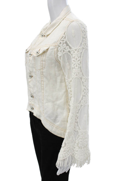 Sunday Tropez Women Ivory Linen Floral Basic Jacket Button Long Sleeve Size S