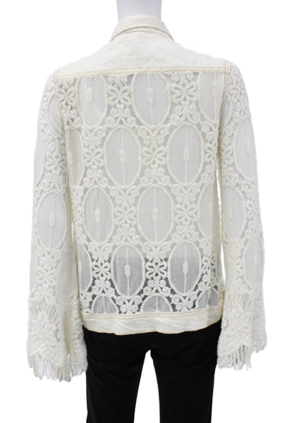 Sunday Tropez Women Ivory Linen Floral Basic Jacket Button Long Sleeve Size S