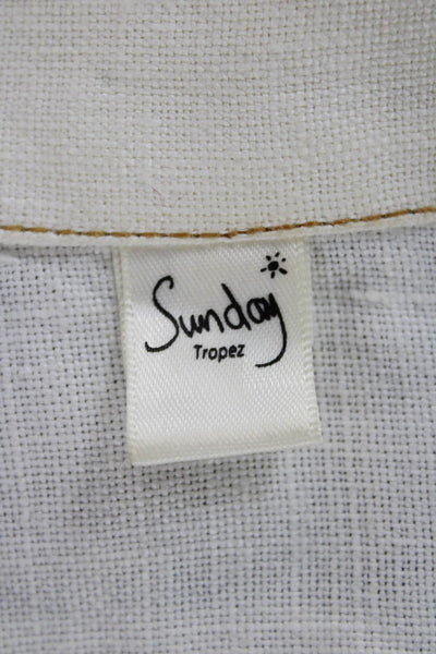 Sunday Tropez Women Ivory Linen Floral Basic Jacket Button Long Sleeve Size S