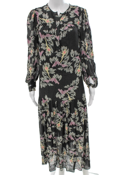 Isabel Marant Etoile Women Maxi Dress Black Floral RoundNeck LongSleeve Size 36