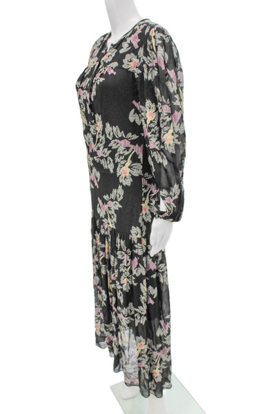 Isabel Marant Etoile Women Maxi Dress Black Floral RoundNeck LongSleeve Size 36