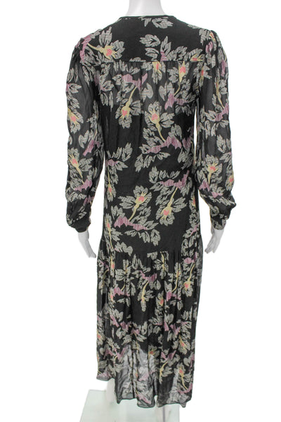 Isabel Marant Etoile Women Maxi Dress Black Floral RoundNeck LongSleeve Size 36