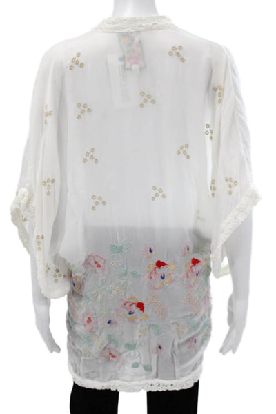 Johnny Was Women Kimono Floral V-Neck Tie 3/4 Sleeve White Cupra Rayon Size XS