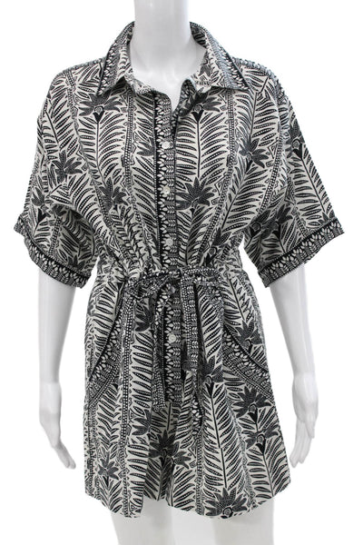 Omika Women Black Floral Collared Short Sleeve Button-Up Romper Size M