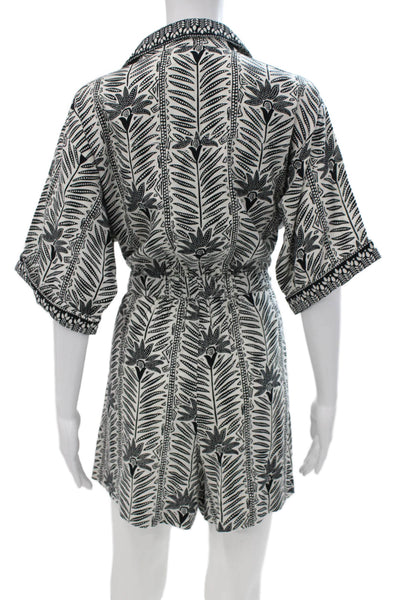 Omika Women Black Floral Collared Short Sleeve Button-Up Romper Size M
