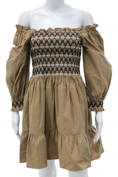 Shoshanna Women Beige Off Shoulder Long Sleeve Mini Dress Geometric Size 2