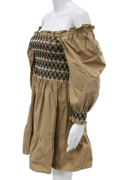 Shoshanna Women Beige Off Shoulder Long Sleeve Mini Dress Geometric Size 2