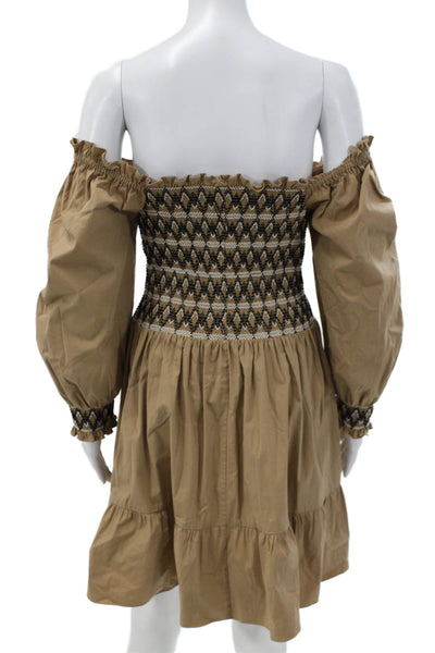 Shoshanna Women Beige Off Shoulder Long Sleeve Mini Dress Geometric Size 2