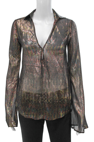 Paige Women Basic Silk Collared Blouse Black Multicolor Long Sleeve Size XS