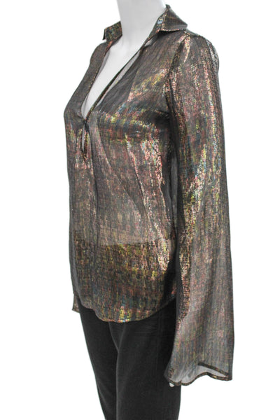 Paige Women Basic Silk Collared Blouse Black Multicolor Long Sleeve Size XS