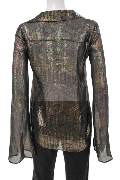 Paige Women Basic Silk Collared Blouse Black Multicolor Long Sleeve Size XS