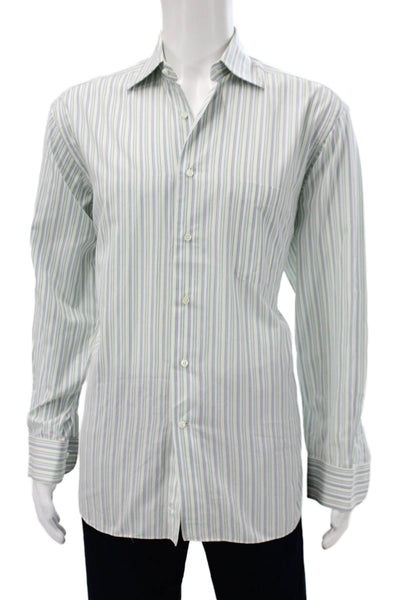 Ermenegildo Zegna Mens Striped Green Cotton Dress Shirt Long Sleeve Size M