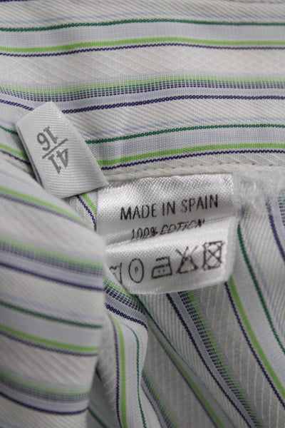 Ermenegildo Zegna Mens Striped Green Cotton Dress Shirt Long Sleeve Size M