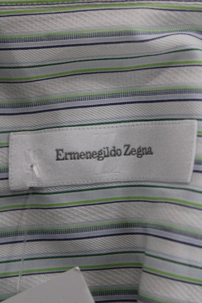 Ermenegildo Zegna Mens Striped Green Cotton Dress Shirt Long Sleeve Size M