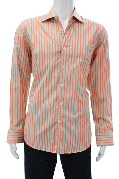 Boss Hugo Boss Mens Orange Striped Cotton Dress Shirt Button Up Size L