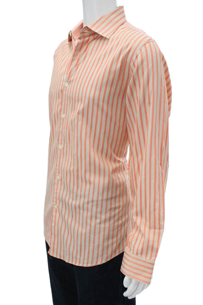 Boss Hugo Boss Mens Orange Striped Cotton Dress Shirt Button Up Size L