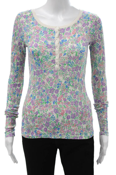 Sundry Women Henley Long Sleeve Floral Multicolor Cotton Blend Button Size 0