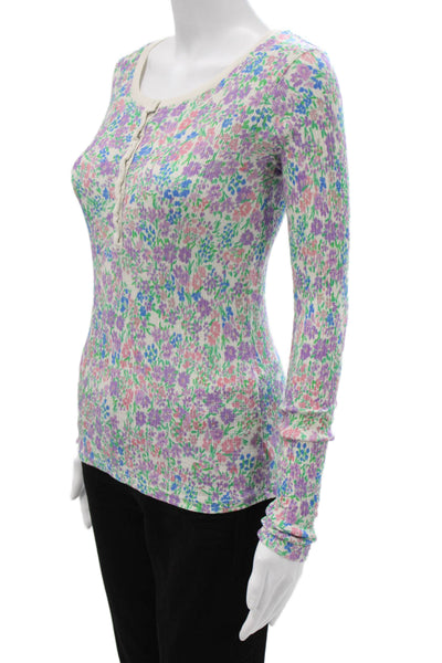 Sundry Women Henley Long Sleeve Floral Multicolor Cotton Blend Button Size 0