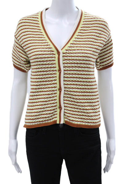 Monrow Womens Basic Striped Cotton V Neck Button Up Short Sleeve Top Size S