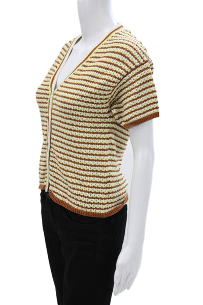 Monrow Womens Basic Striped Cotton V Neck Button Up Short Sleeve Top Size S