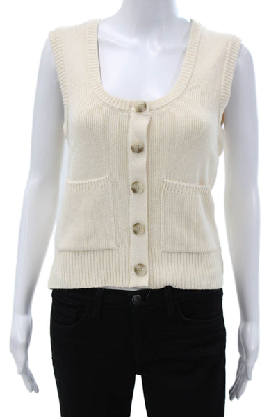 Zara Women Ivory Scoop Neck Sleeveless Vest Button 55% Cotton Size S