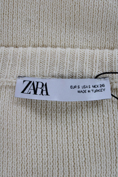 Zara Women Ivory Scoop Neck Sleeveless Vest Button 55% Cotton Size S