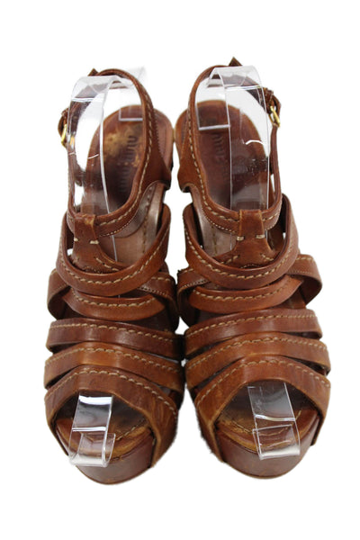 Miu Miu Womens Leather Platform High Wedge Slingbacks Brown Size 38.5 8.5