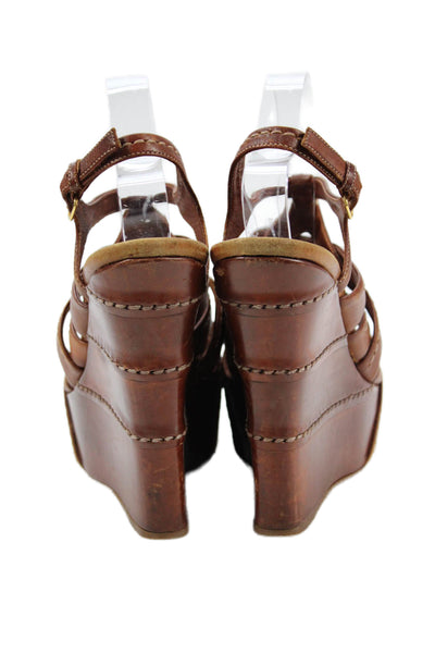 Miu Miu Womens Leather Platform High Wedge Slingbacks Brown Size 38.5 8.5
