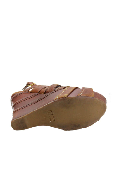 Miu Miu Womens Leather Platform High Wedge Slingbacks Brown Size 38.5 8.5
