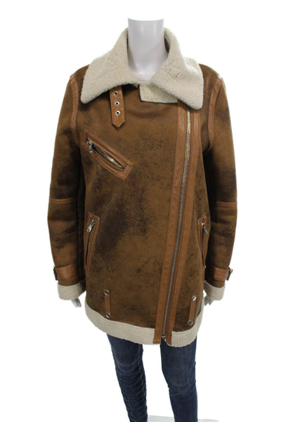 Avec Les Filles Womens Biker Jacket Brown Polyester Zip Long Sleeve Size M