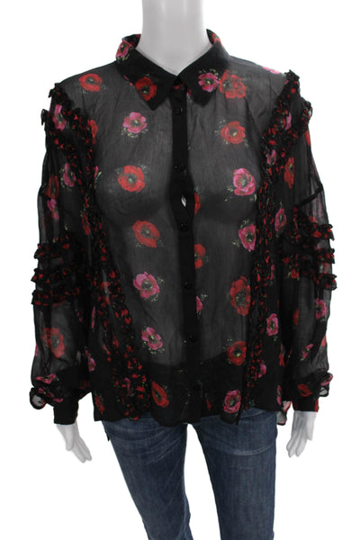 The Kooples Women Black Silk Floral Collared Long Sleeve Basic Blouse Size 2
